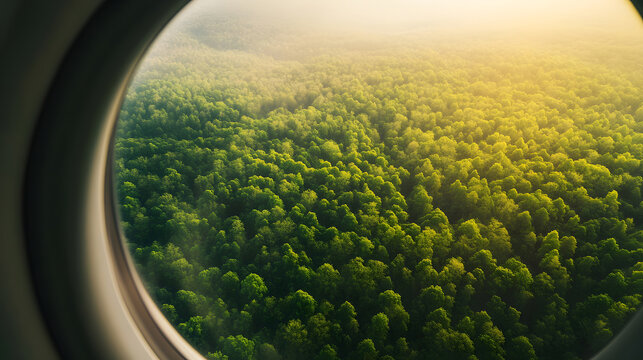 Fototapeta View from the airplane window to a green huge ecologically clean forest