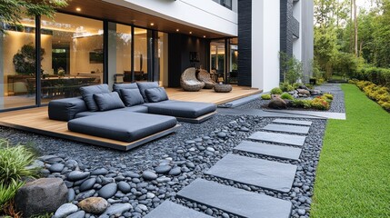 Modern Patio with Stone Pathway and Beautiful Garden Landscaping