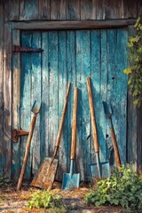 A vibrant depiction of old garden tools leaning against a barn, with weeds growing nearby
