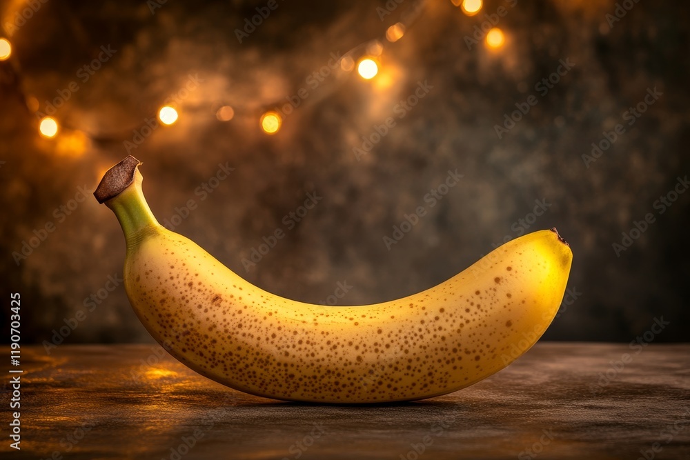 Poster fresh and ripe banana on rustic surface with soft bokeh lights creating a warm and inviting backgrou