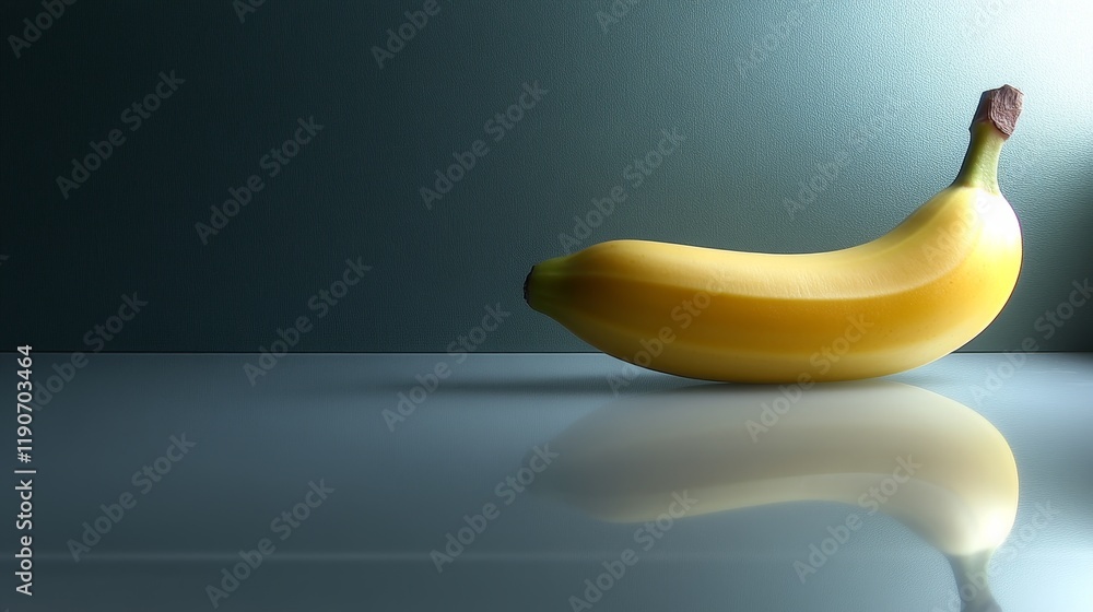 Poster fresh and ripe banana on a reflective surface with soft light and minimalist background for modern f