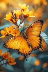 A vibrant orange butterfly rests on bright yellow flowers, showcasing the beauty of nature in a colorful, serene environment.