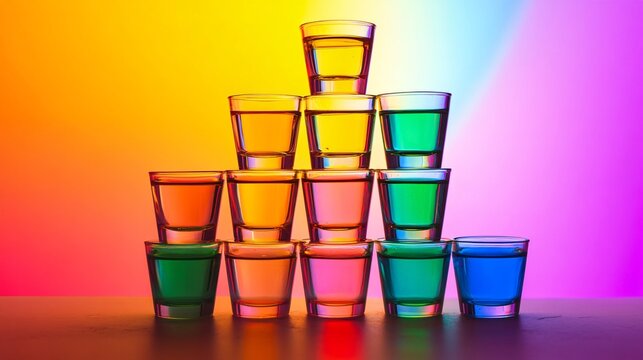 Wheatgrass shot glasses stacked like a pyramid, isolated with colorful lighting effects