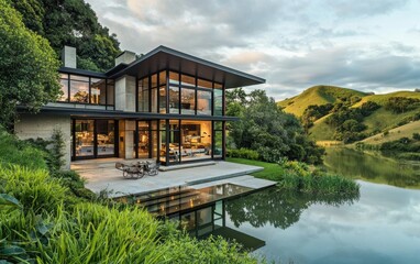 Obraz premium A sleek modern home with floor-to-ceiling glass windows, surrounded by lush green hills and a serene lake