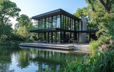 Obraz premium A sleek modern house with large glass windows overlooking a tranquil lake, surrounded by lush greenery on a sunny day
