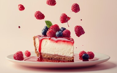 A slice of cheesecake on a plate, with raspberry sauce and fresh berries flying above on a pastel cream backdrop