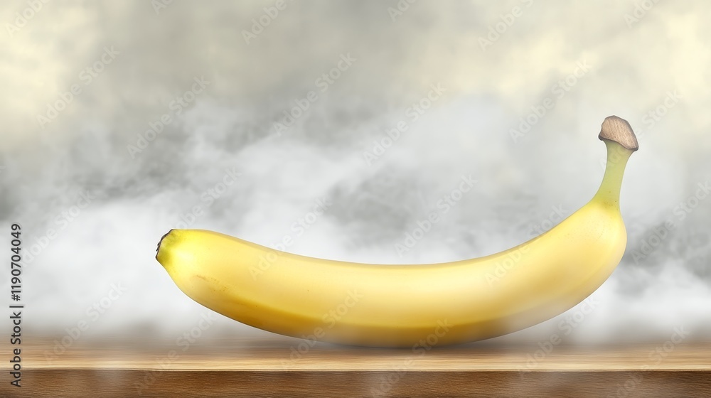 Poster fresh and vibrant banana on a wooden surface with a soft misty background creating a warm and inviti