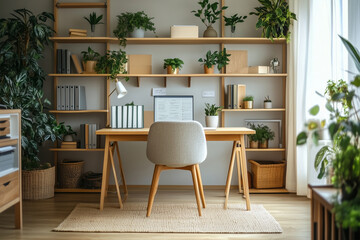 a Nordic-inspired home office with a clean, simple desk and a sleek minimalist chair with built-in bookshelves