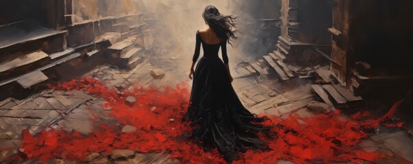A mysterious figure in a black dress walks through a desolate landscape, surrounded by a striking red path, evoking a sense of drama and intrigue.