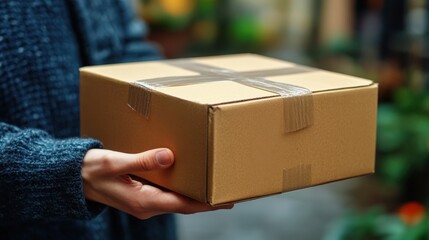 Person in Cozy Sweater Accepting Delivery of Brown Package in a Cozy Outdoor Setting with Lush Background