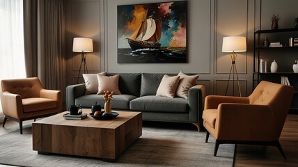 Cozy living room interior, Scandinavian style. Wooden furniture and elegant.