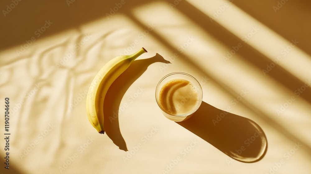Poster fresh banana next to smoothie in glass on light brown surface with soft shadows and warm natural lig