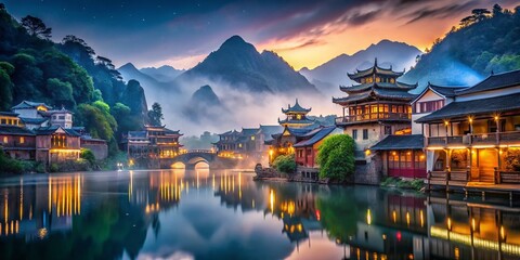 Night in China: Ancient City, River, and Misty Mountains - Ink & Watercolor Landscape