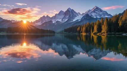 Vibrant sunset over mountains reflected in calm lake surrounded by trees, capturing serene natural beauty