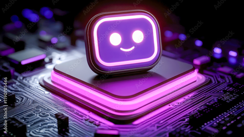 Poster bright smiling robot icon on a futuristic circuit board with purple lighting showcasing artificial i
