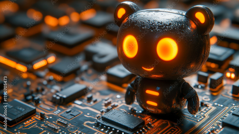 Poster cute robot character stands on a circuit board glowing with warm orange lights at a tech-inspired en