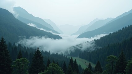 Misty veil cloaks a sunlit forest valley amidst towering mountains. Hazy fog blankets lowlands, while azure skies peek above