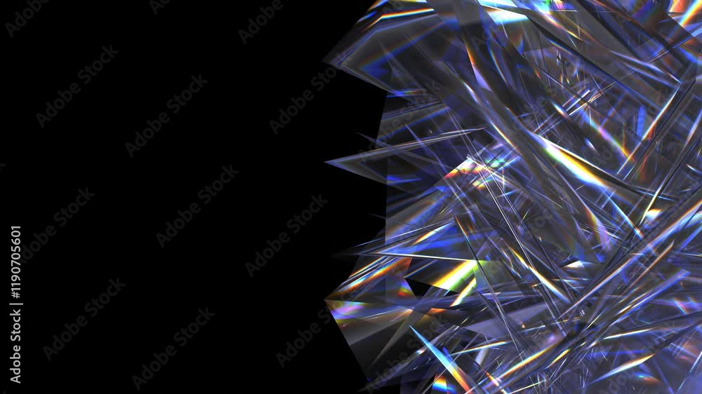 Poster animation of iridescent, shattered glass shards with a dark background with copy space
