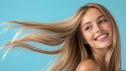 Fototapeta premium a smiling woman showcasing her long, perfectly groomed blonde hair. for a hair care product banner 