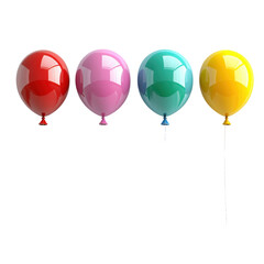 Four vibrant balloons in red, pink, teal, and yellow arranged in a row against a white background, perfect for celebrations and festive designs.