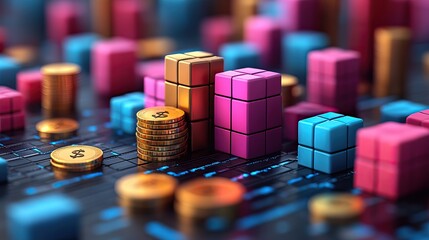 Cubes, coins, and money are depicted in a 3D cartoon-style illustration, representing finance, global economic transactions, international trade, and commercial exchange