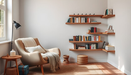"Cozy Reading Nook with a Comfortable Armchair, Soft Throws, and Floating Bookshelves, Creating a Warm and Inviting Space for Reading and Relaxation – Perfect for Home Decor Photography"