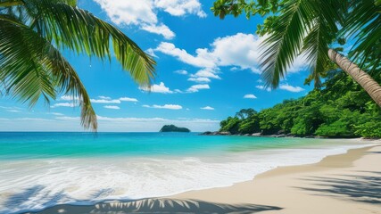 Fototapeta premium Tropical beach scene with palm trees, clear turquoise water, and a serene sky, ideal for relaxation and vacation imagery