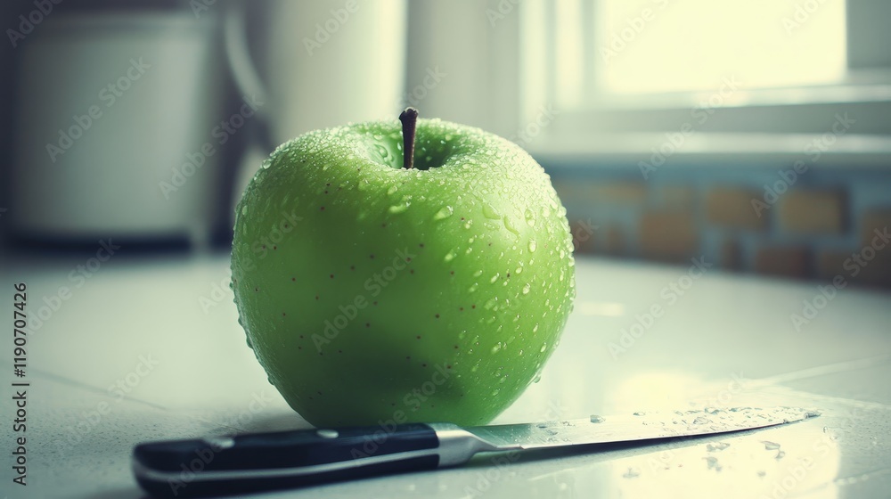 Poster fresh green apple with water droplets on a kitchen countertop next to a sharp knife, illuminated by 