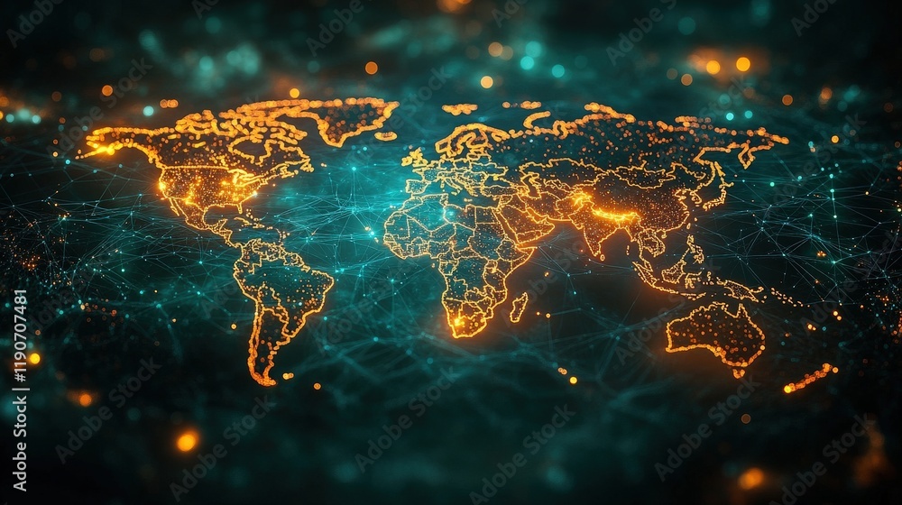 Poster glowing world map concept illustrating globalization on dark background with dynamic light effects a