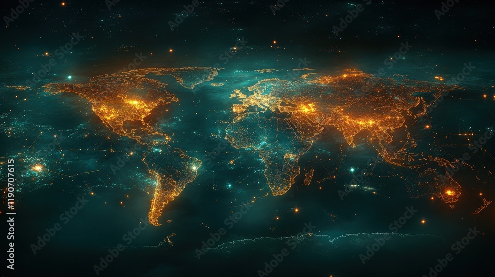 Poster illuminated world map on dark background representing globalization with glowing lights and abstract