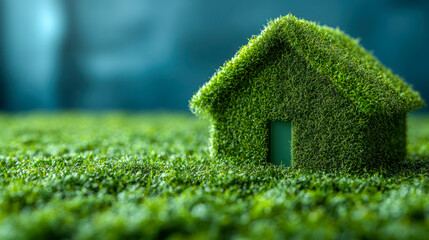 Green grass house model symbolizing eco-friendly living and sustainability in a serene garden setting for environmental awareness