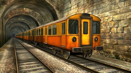 Fototapeta premium Vintage train exiting stone tunnel