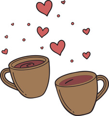 Romantic Coffee Cups with Floating Hearts - Vector Illustration