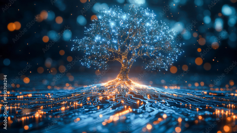 Poster glowing tree with circuit patterns representing the fusion of nature and technology in a digital lan