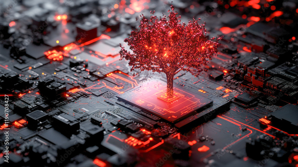 Poster digital tree growing from a circuit board with glowing roots and vibrant leaves in a futuristic sett