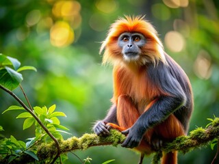 Naklejka premium Nilgiri Langur Monkey in Lush Green Forest with Bokeh Background - Wildlife Stock Photo