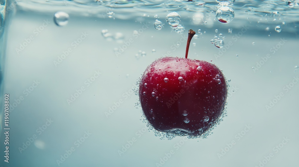 Poster fresh red apple dropping into clear water creating bubbles, capturing refreshing and invigorating mo