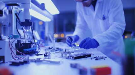 A biomedical engineer developing medical devices in a lab, with prototypes and engineering tools around, Biomedical engineering lab scene