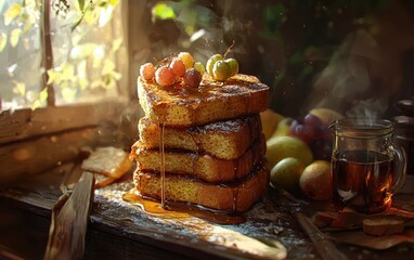 A stack of French toast served on a rustic breakfast table with fresh fruit and maple syrup nearby