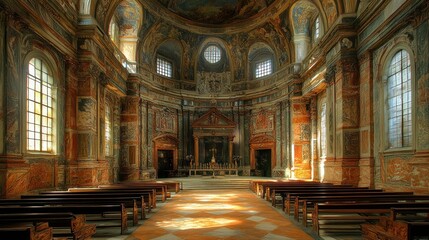 Obraz premium Ornate Historical Chapel Interior with Sunlit Aisle and Wooden Benches