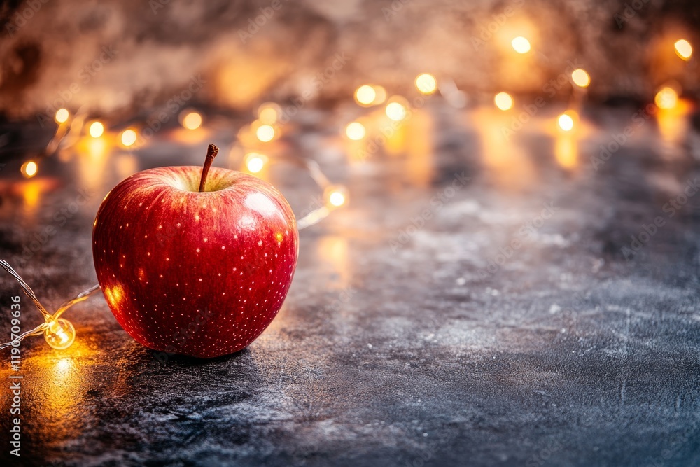 Poster fresh red apple on dark surface with twinkling lights in the background creating a warm and inviting