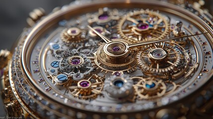 Obraz premium Close-up of intricate gold watch mechanism with ruby jewels and gears.