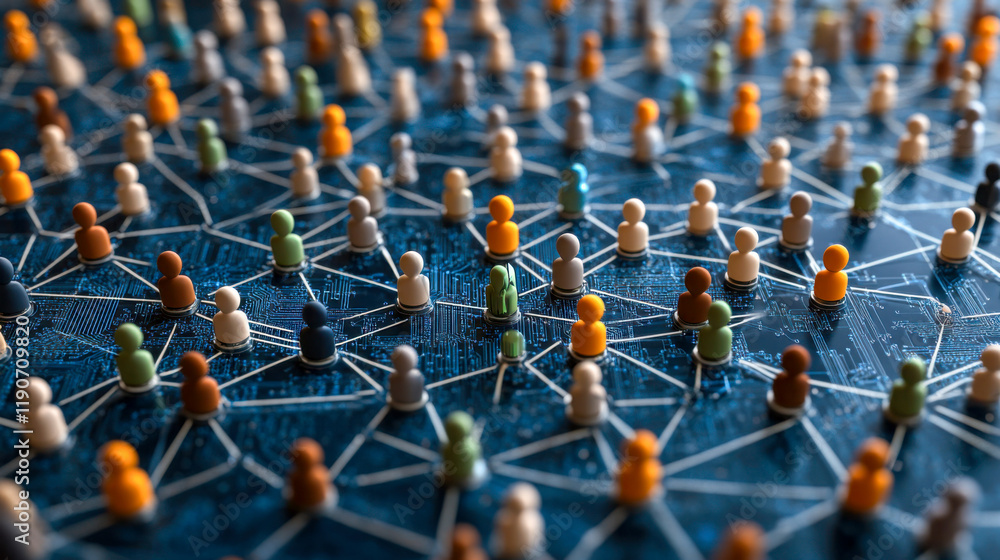 Poster many small figures connected through networks illustrating community and collaboration in a digital 