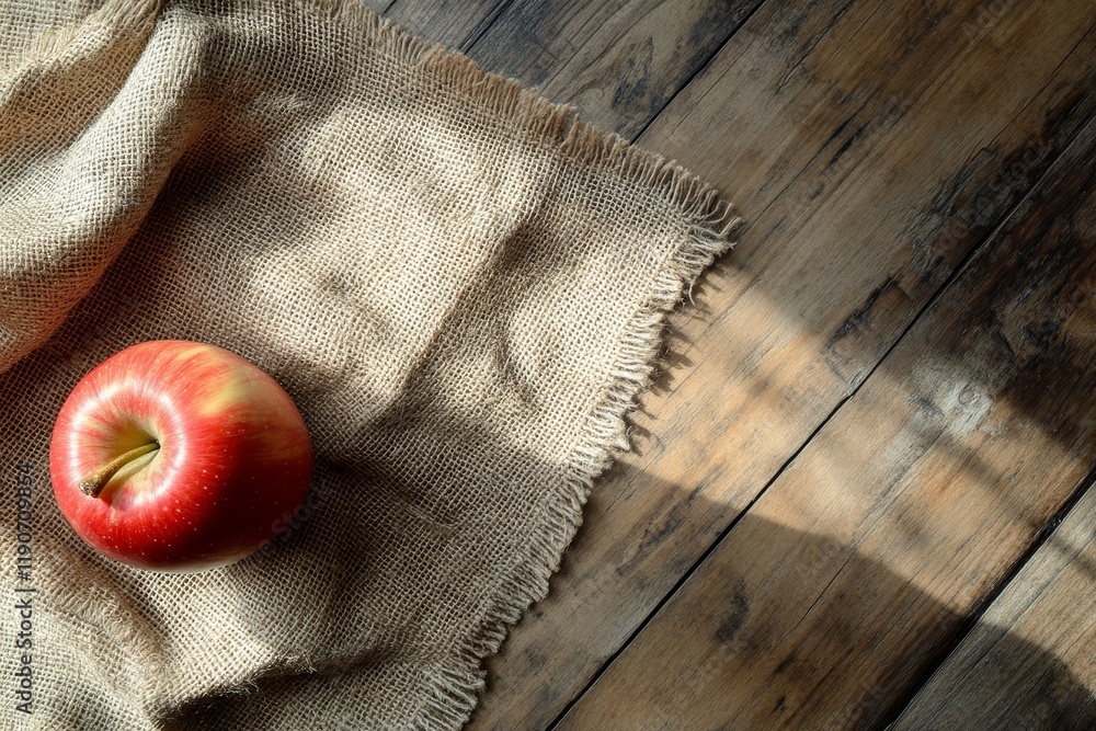 Poster Fresh Red Apple on Natural Burlap Fabric Wrapped on Rustic Wooden Table with Soft Shadows Creating a Warm and Inviting Atmosphere for Healthy Lifestyle Visuals