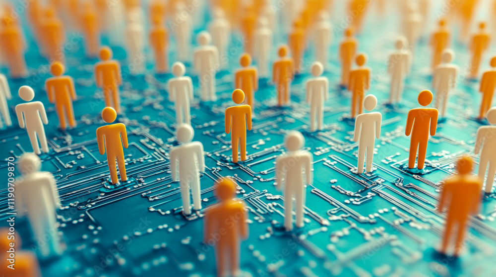 Poster crowd of abstract figures standing on a digital circuit board at dusk, symbolizing technology and hu