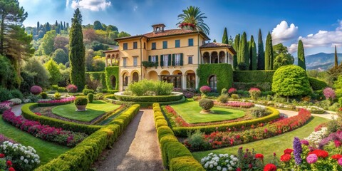 Fototapeta premium Panoramic view of the Italianate villa with lush greenery and blooming flowers , italy, villa, italy