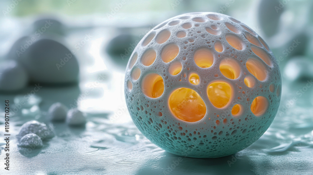 Poster intricate ceramic sphere with glowing interior and textured surface displayed in a softly lit settin