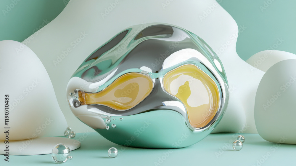 Poster modern abstract sculpture reflecting light and color in a minimalist setting with bubbles and organi
