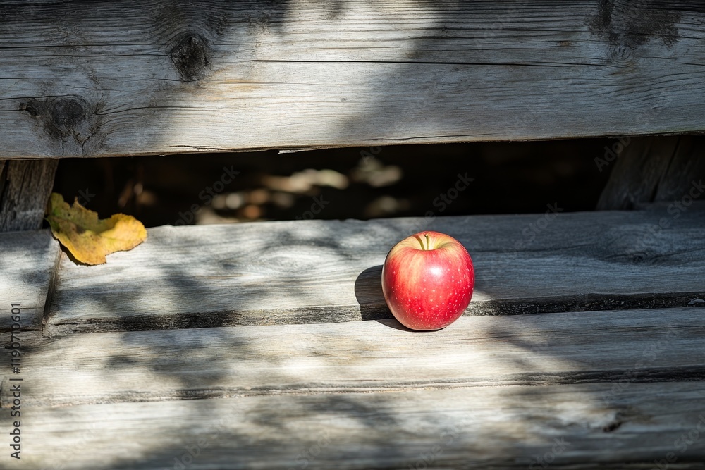 Poster fresh red apple on rustic wooden surface in natural light surrounded by shadows and a fallen leaf cr