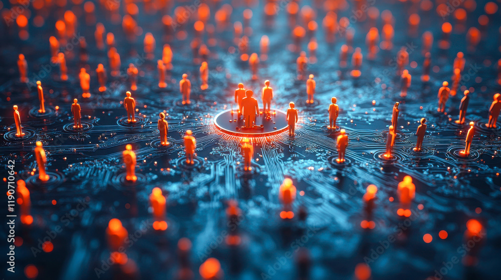 Poster digital networking connects individuals through vibrant nodes in a complex system, showcasing the fu